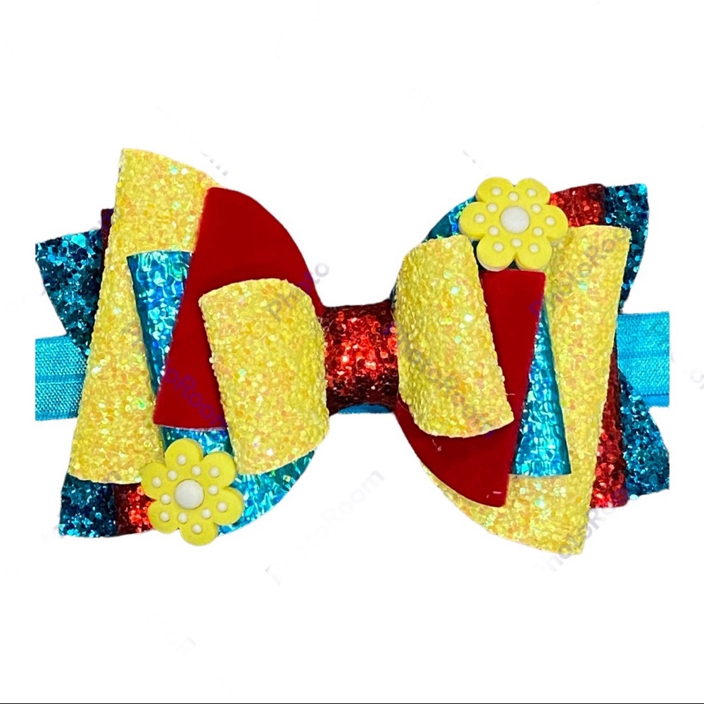 Sparkly bright Blue, Yellow and Red Headband Bow